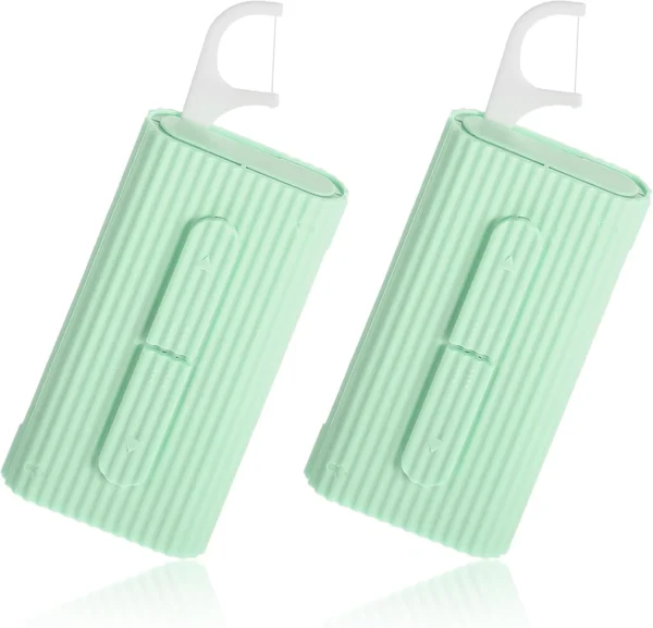 2 Case Portable Dental Floss Dispenser with Adult Flosser Sticks 20 Count, Travel Floss Case for Cleaning Teeth and Oral Care, Refillable Flossers Boxes for Dinners, Dating, Travel, Hotels (Green)